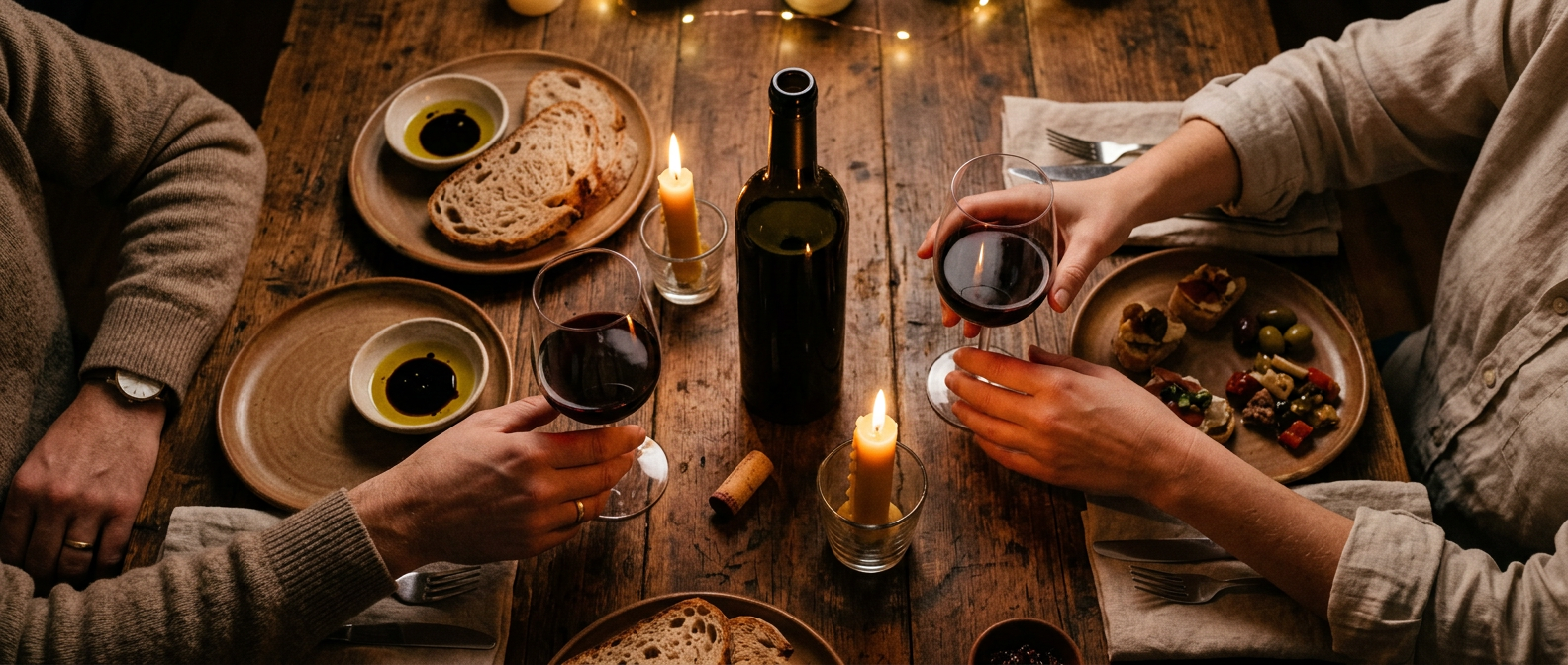 An overhead view of a shared bottle of wine and two poured glasses between two people at a candlelit table