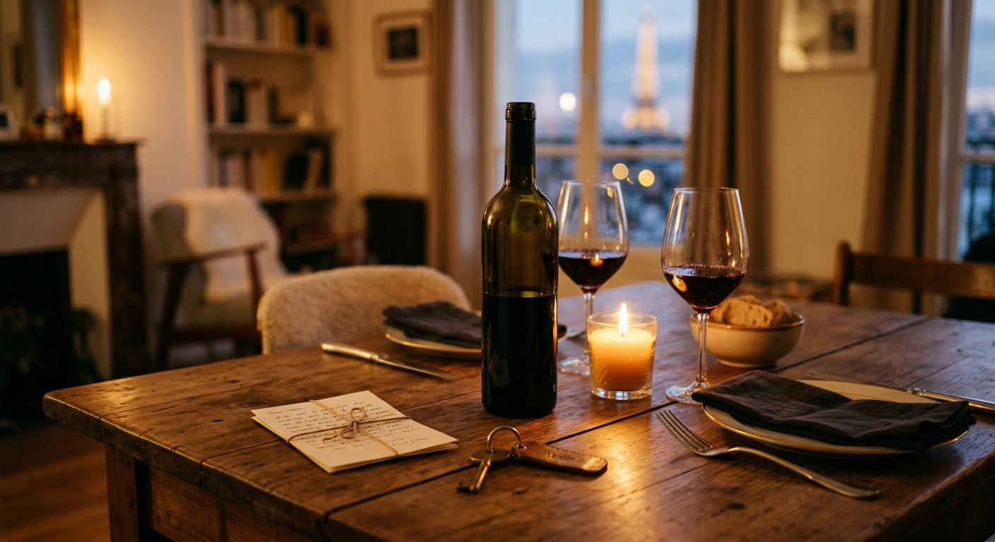 A shared bottle of wine, two poured glasses, a candle, and a handwritten note on a table in a Paris apartment with the Eiffel Tower in the window