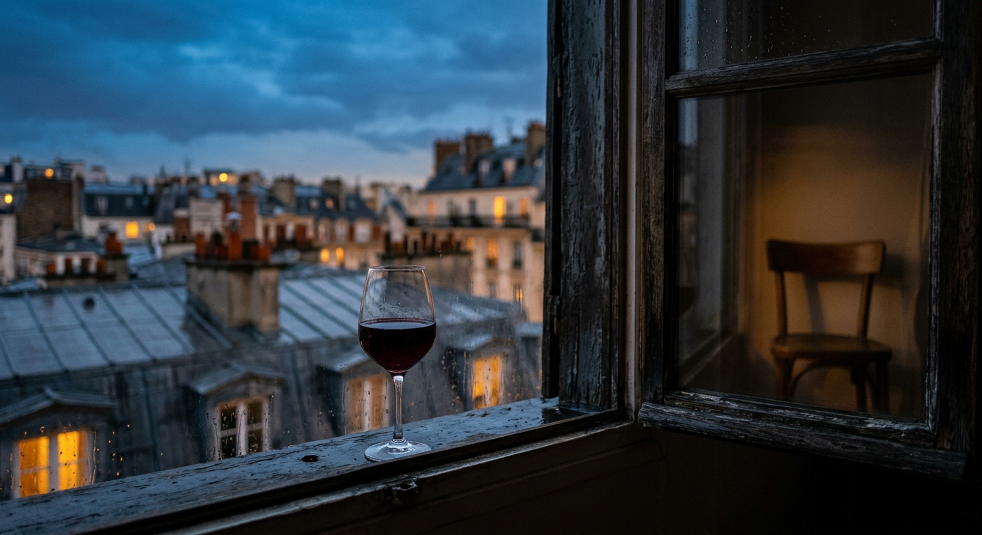A single glass of wine on a windowsill at dusk overlooking Paris rooftops