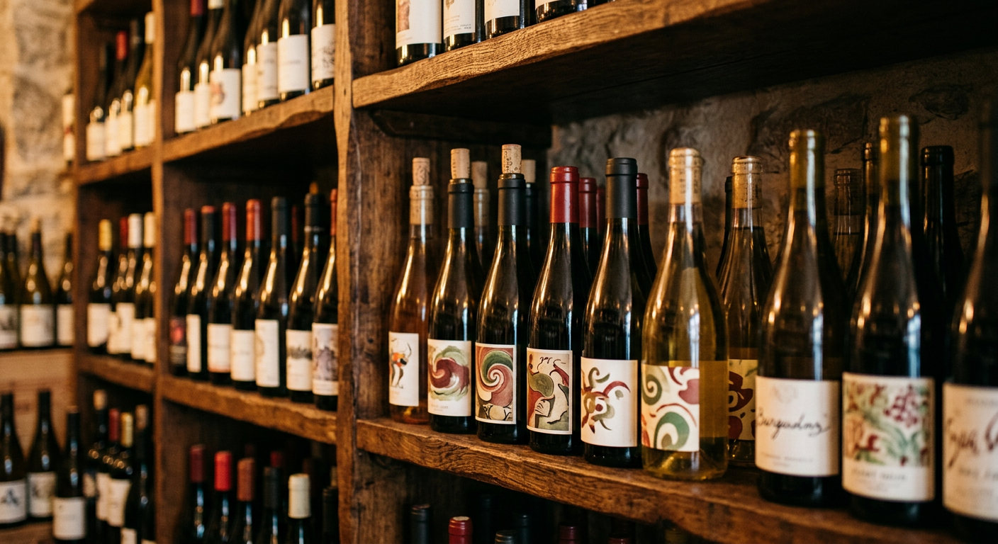 Rows of wine bottles on wooden shelves inside a small Paris wine shop
