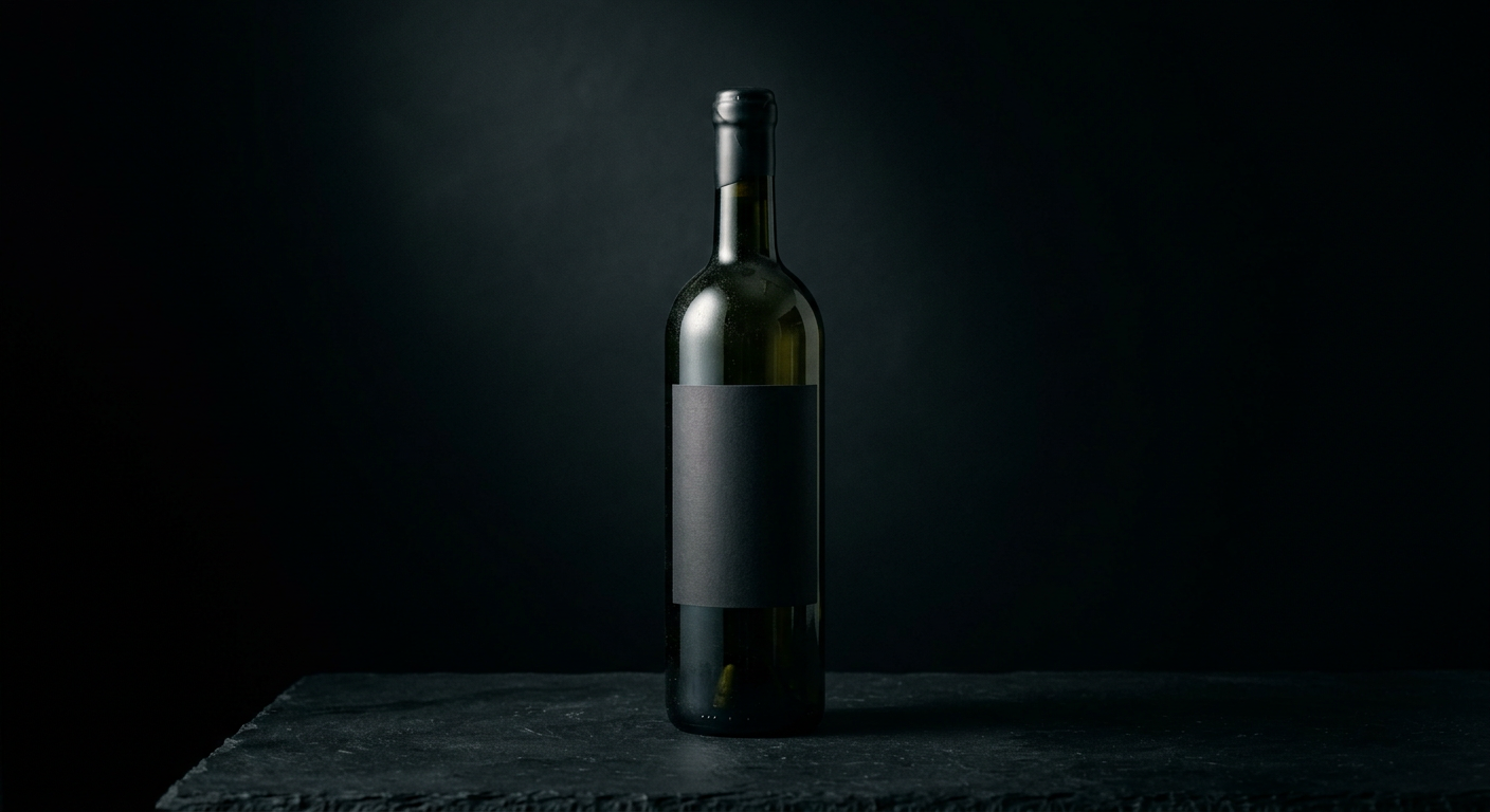 A single elegant unopened wine bottle lit against a dark background