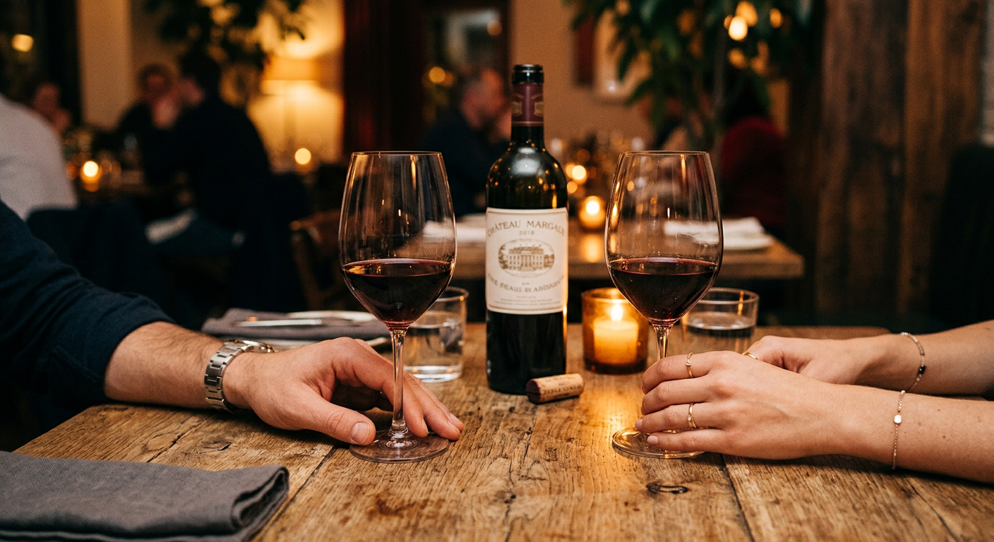 Two hands each holding a glass of wine near a shared bottle on a table